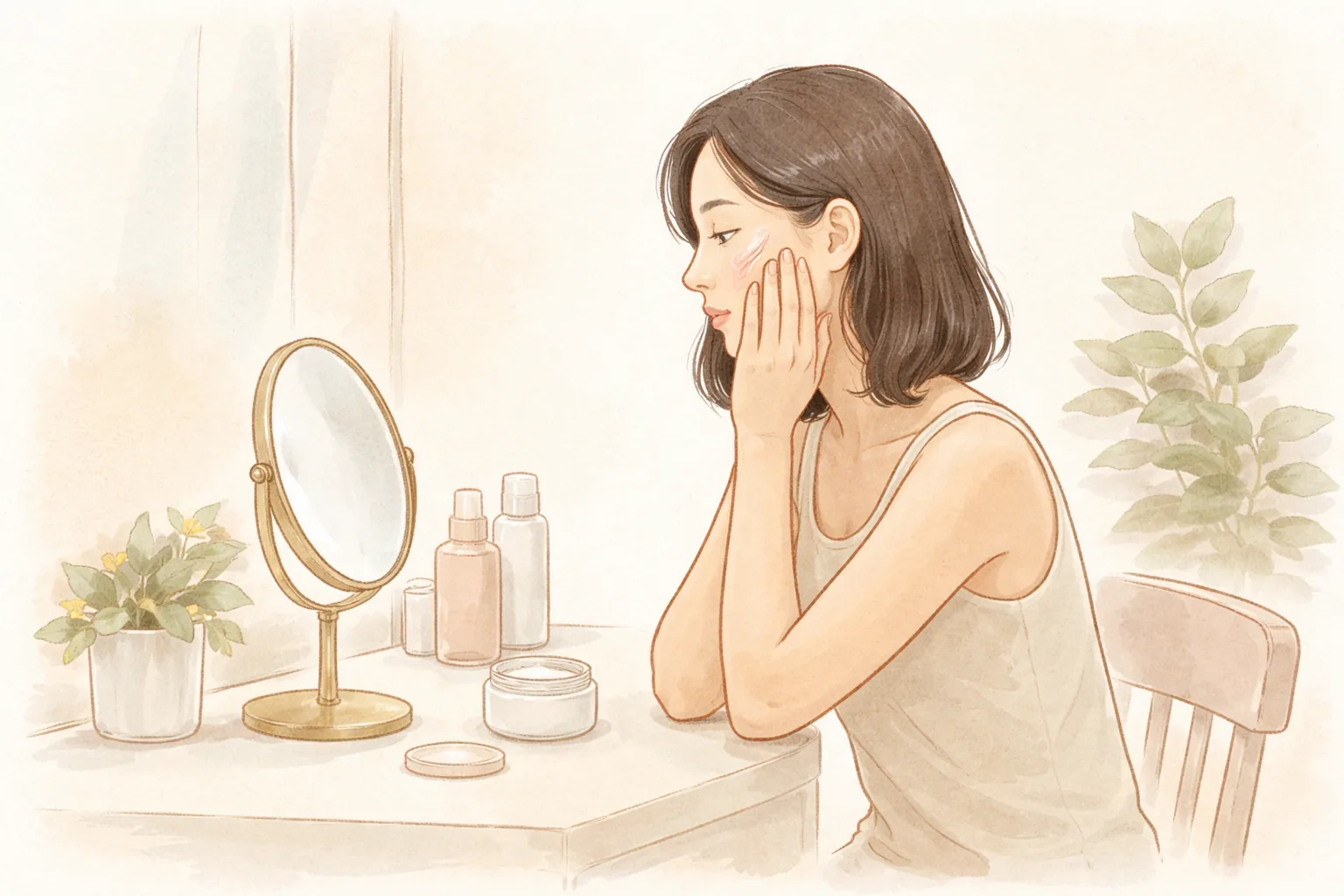 Mujer de cabello largo tocándose la mejilla frente al espejo con cosméticos y una planta sobre la mesa