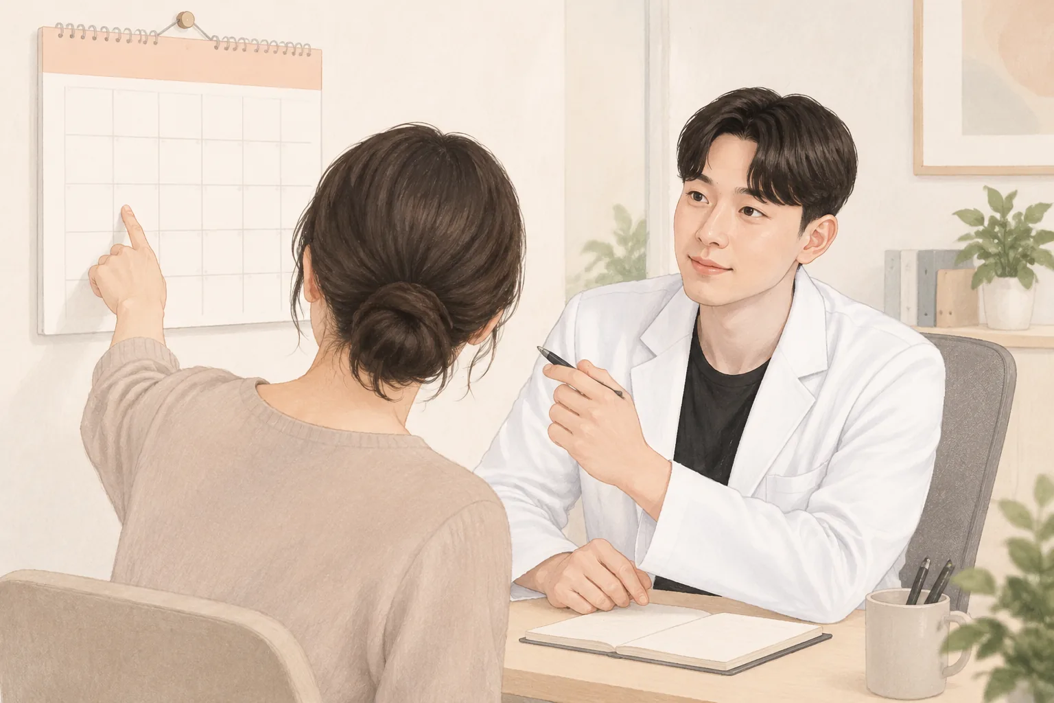 벽면 달력을 가리키며 남성 의사와 대화하는 여성