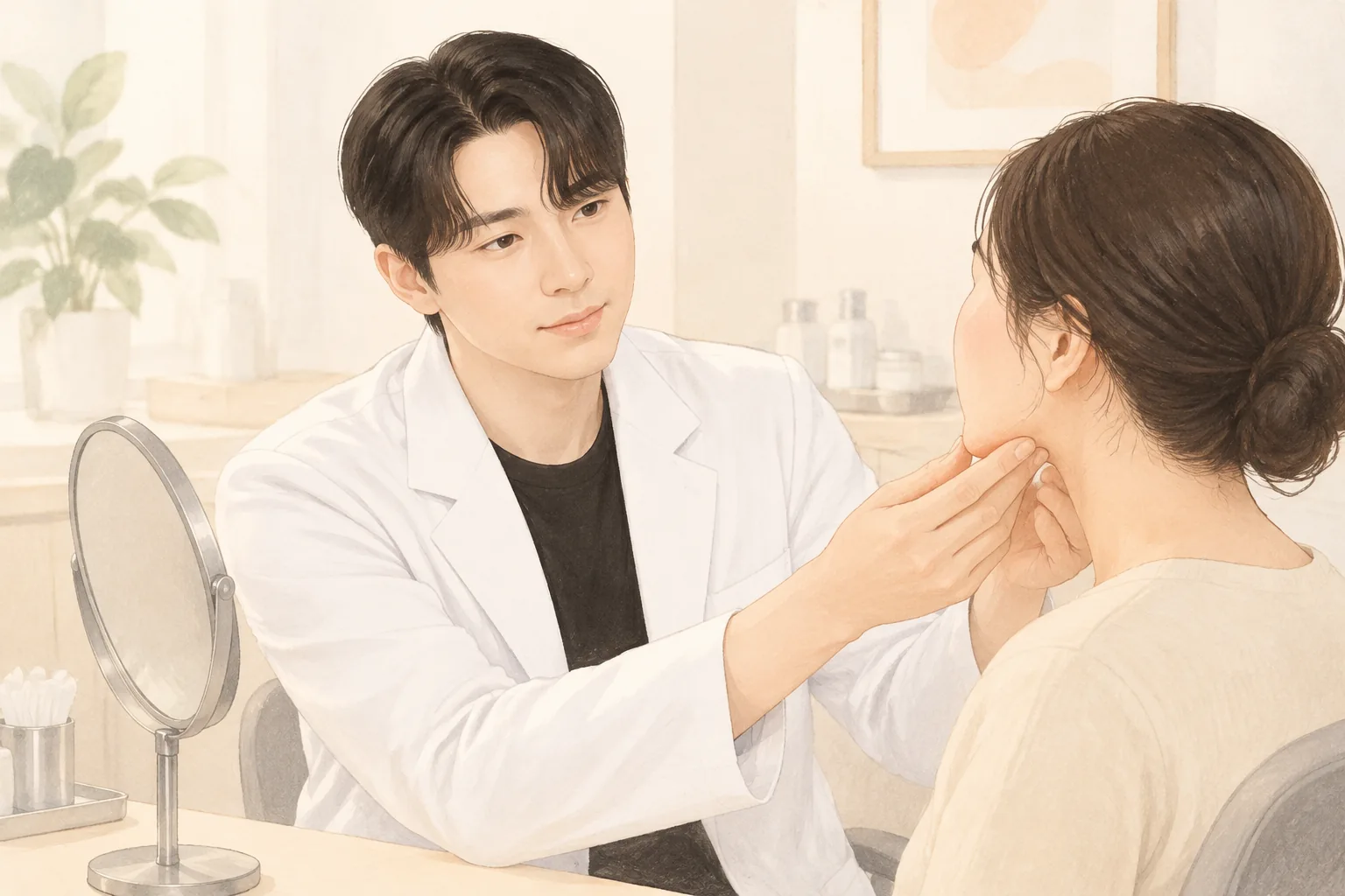 의사가 환자의 턱선을 손으로 만지고 있다
