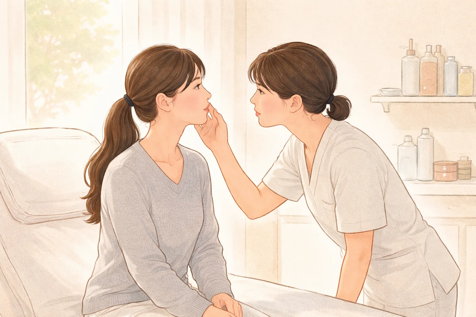 坐在治療床上的女性，醫療人員正在查看她的臉頰