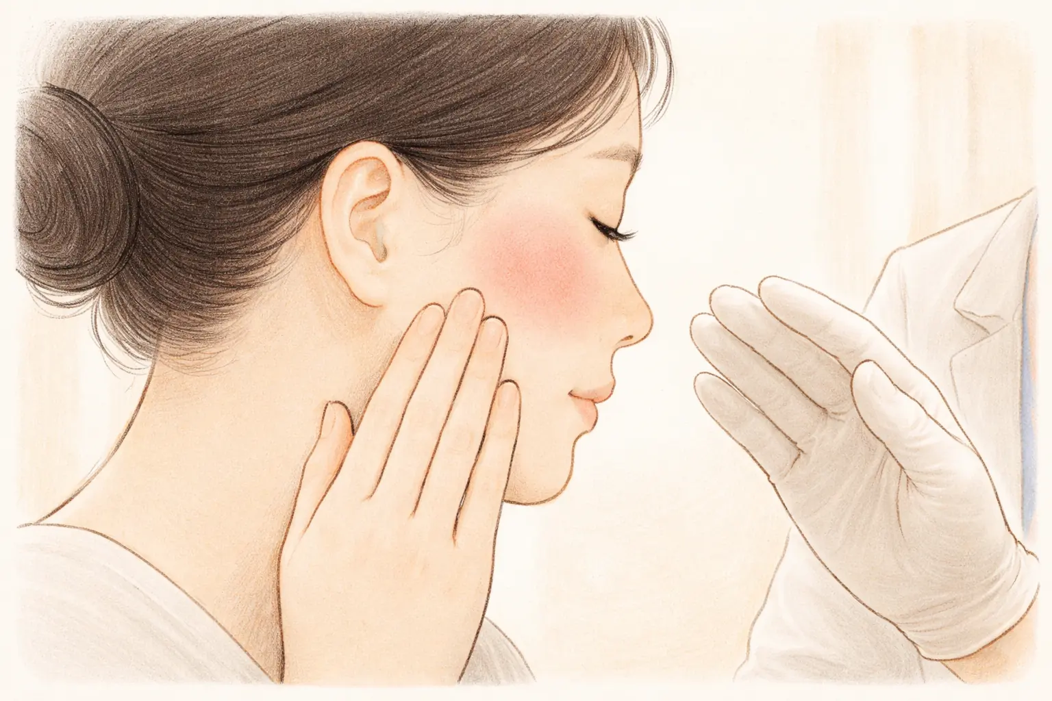 Side profile of a woman with faint redness on her cheek and a clinician's gloved hand