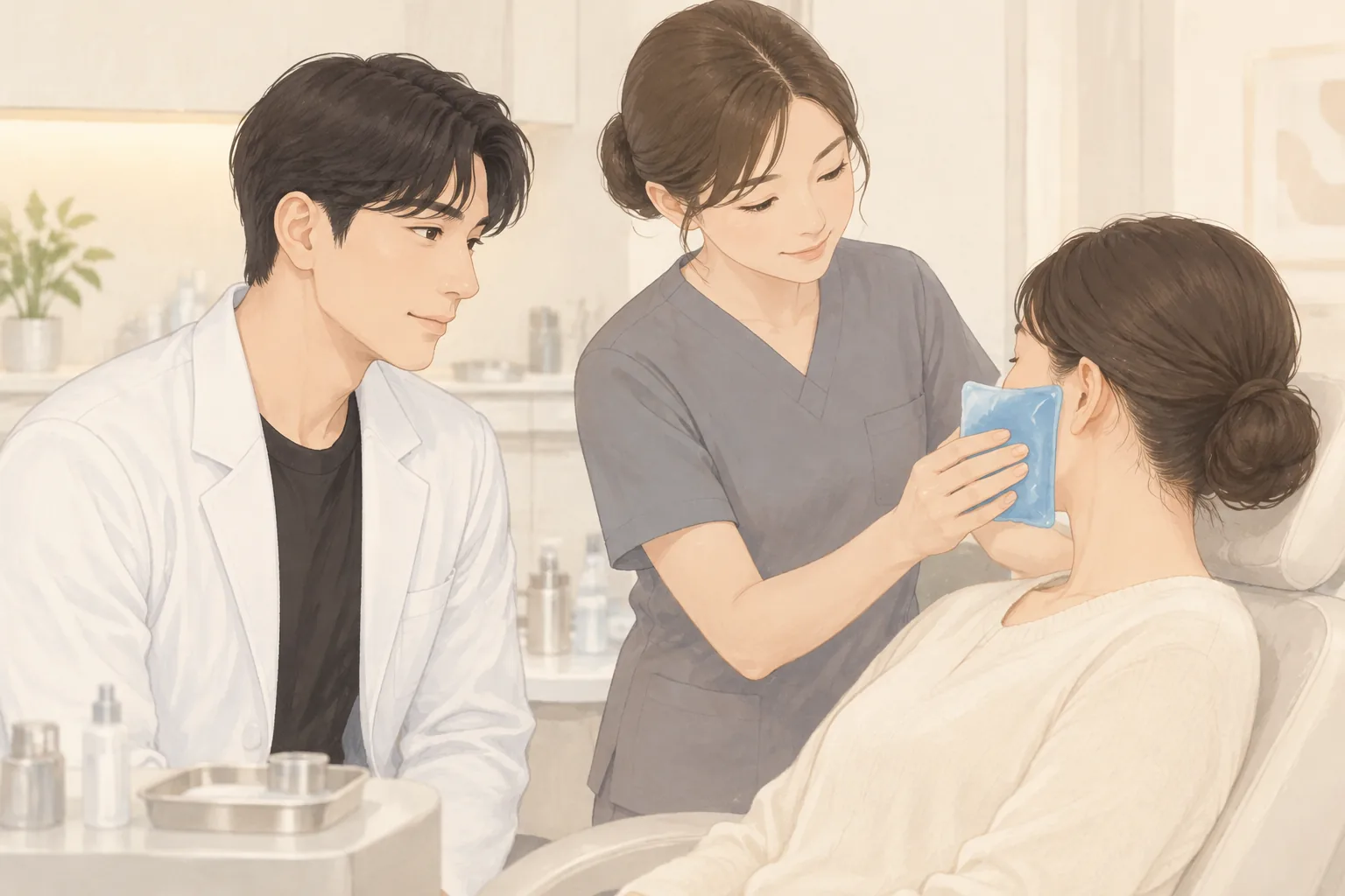 ممرضة تضع كمادة جل باردة على خد مريضة ورجل يراقب