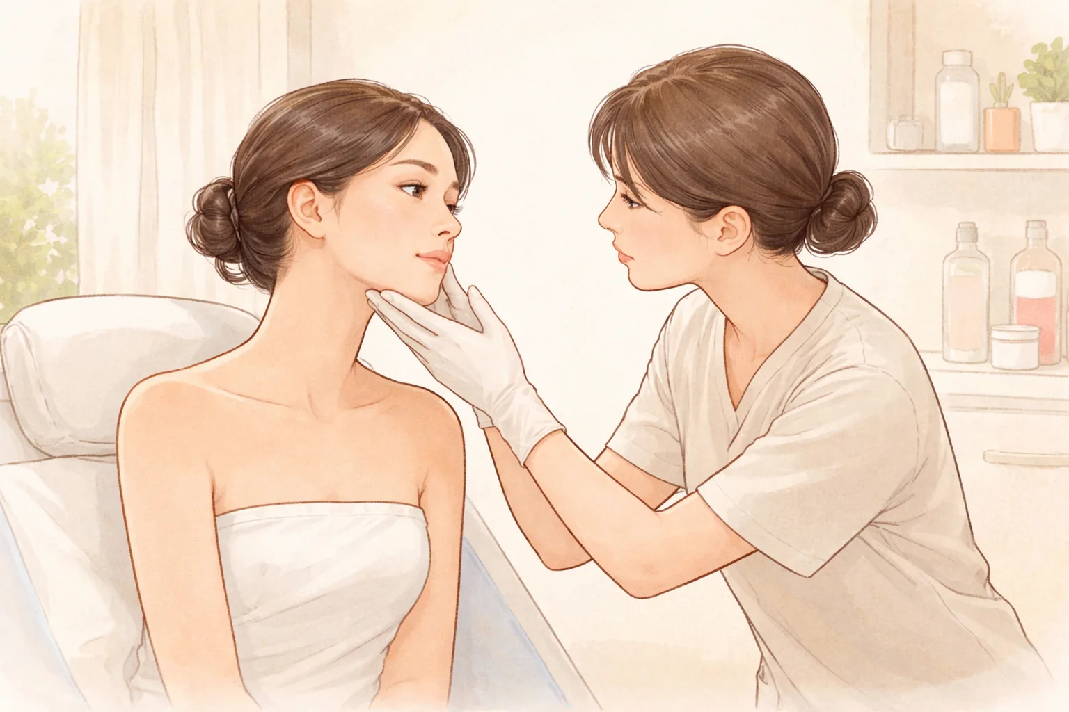 Dermatologist examining the face of a woman seated on a treatment bed