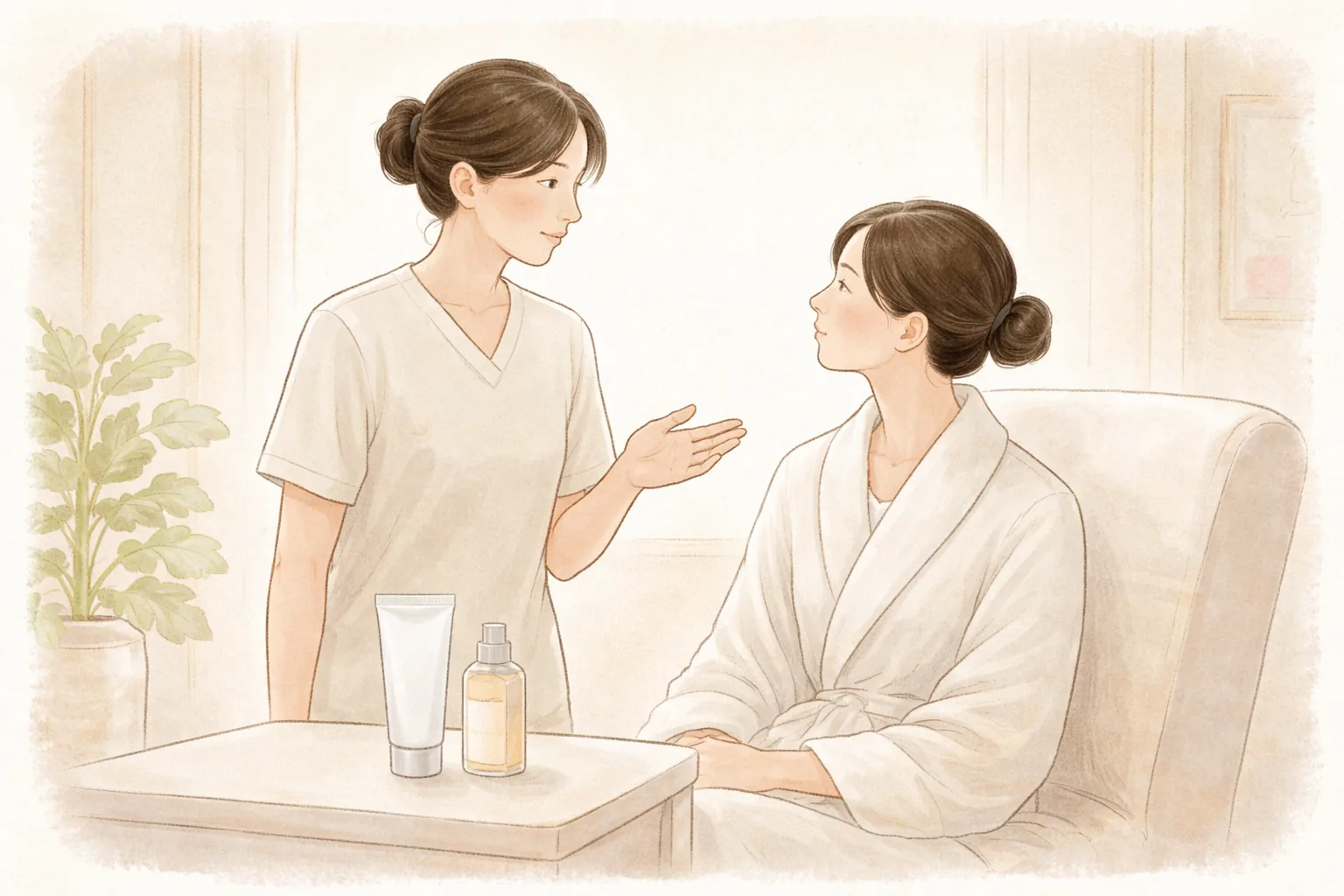 医療スタッフが回復室で座っている女性に説明する様子とテーブルの上の保湿剤