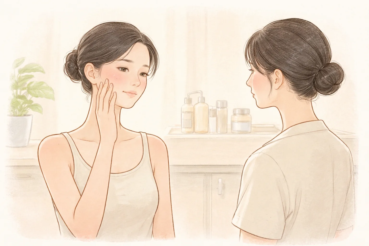 頬に指先を当てている女性と横で診る医療従事者