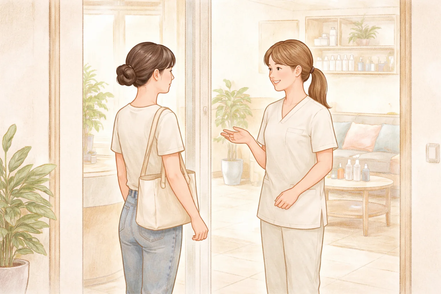 明亮休息區裡提著托特包的女性與醫療人員交談