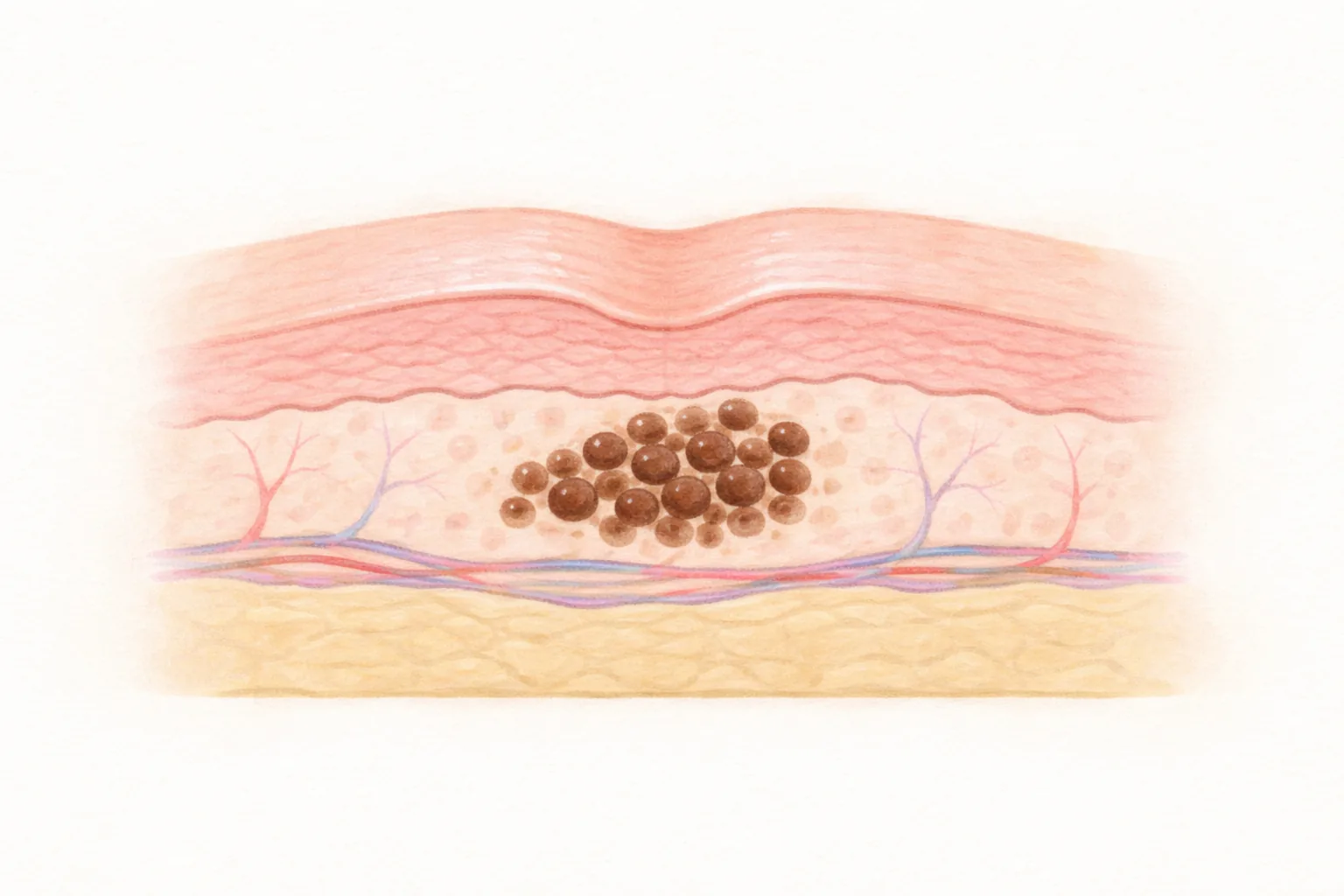 Cross-section of lip skin showing a cluster of brown pigment cells