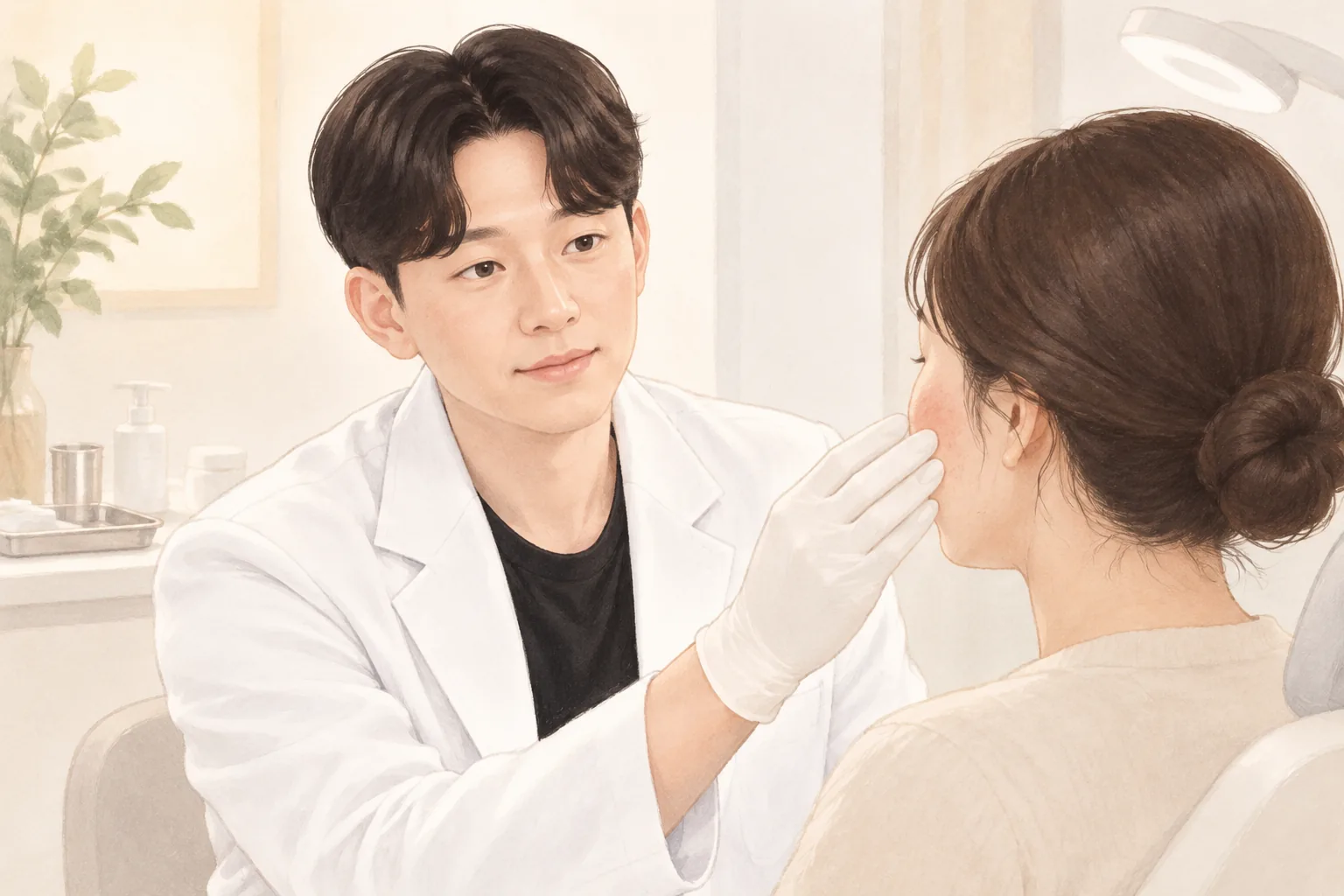 의사가 환자의 볼을 살피며 조절하는 모습