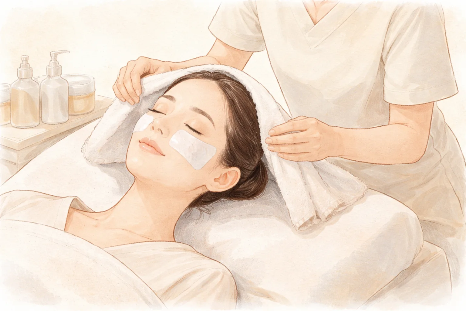 Woman lying with gel patches on her eyes while a clinician places a towel on her head