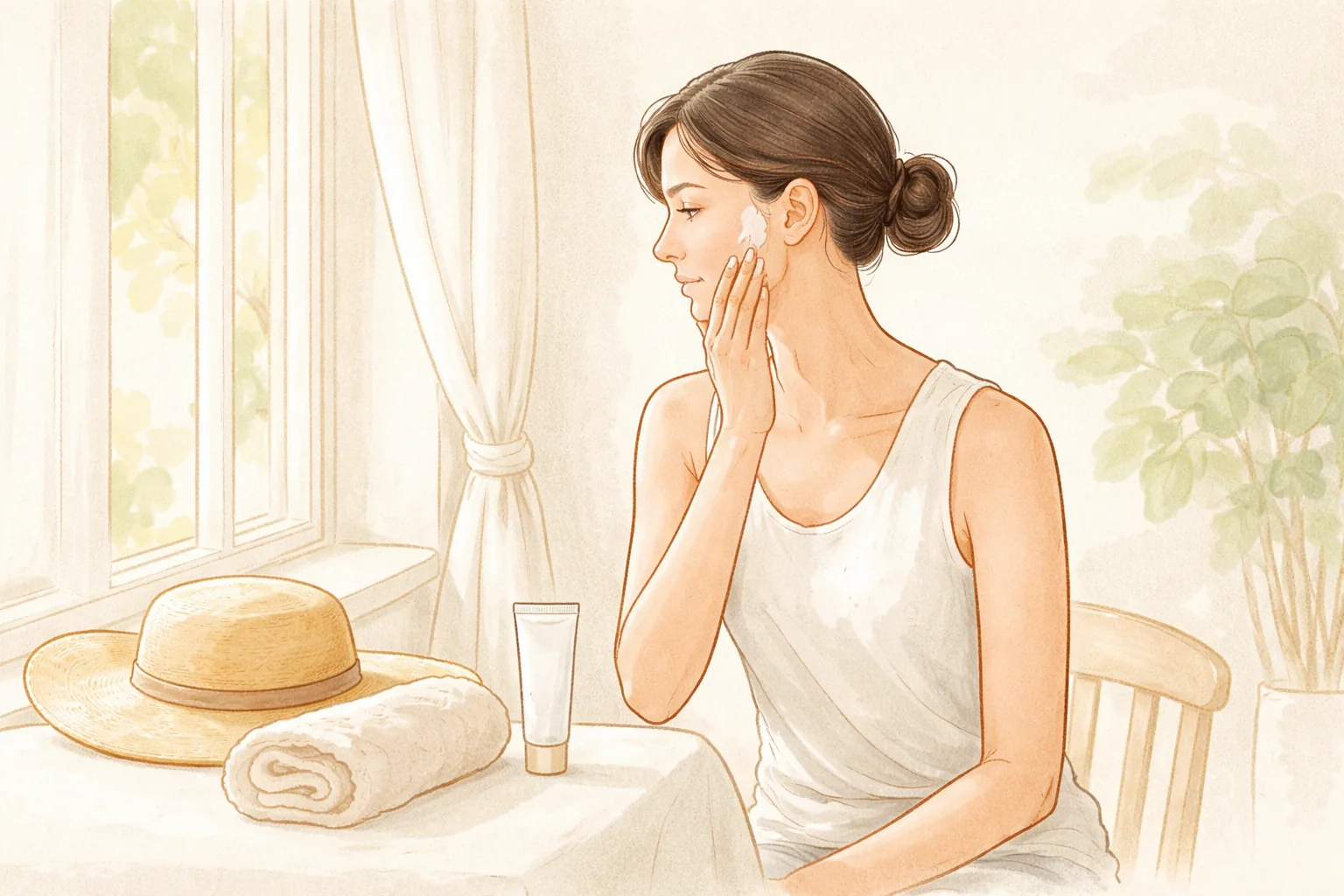 Woman applying product to her cheek by a window with a hat, towel, and sunscreen tube on the table