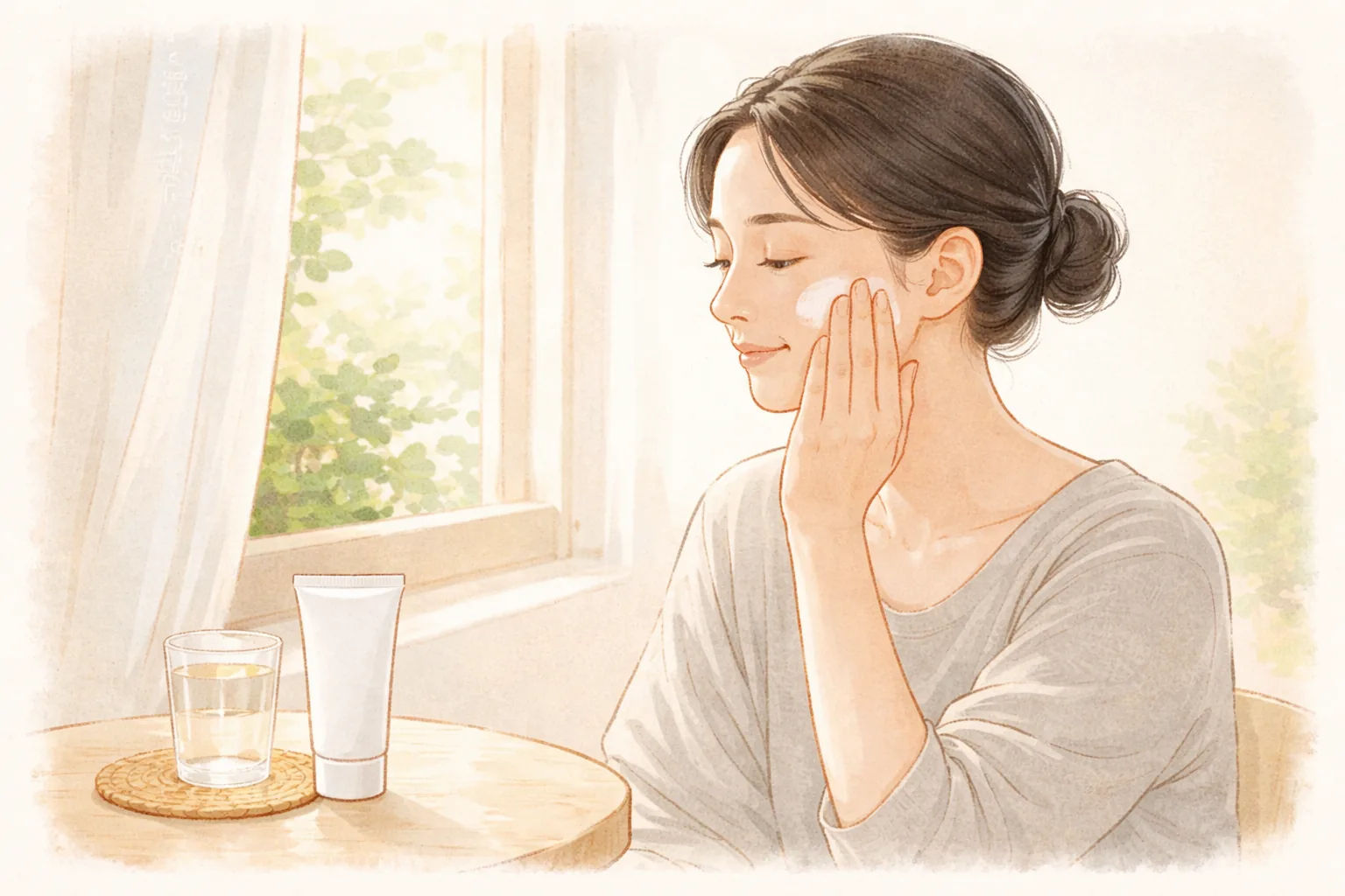 창가에 앉아 볼에 크림을 바르는 긴 머리 여성과 탁자 위의 유리잔과 튜브형 용기