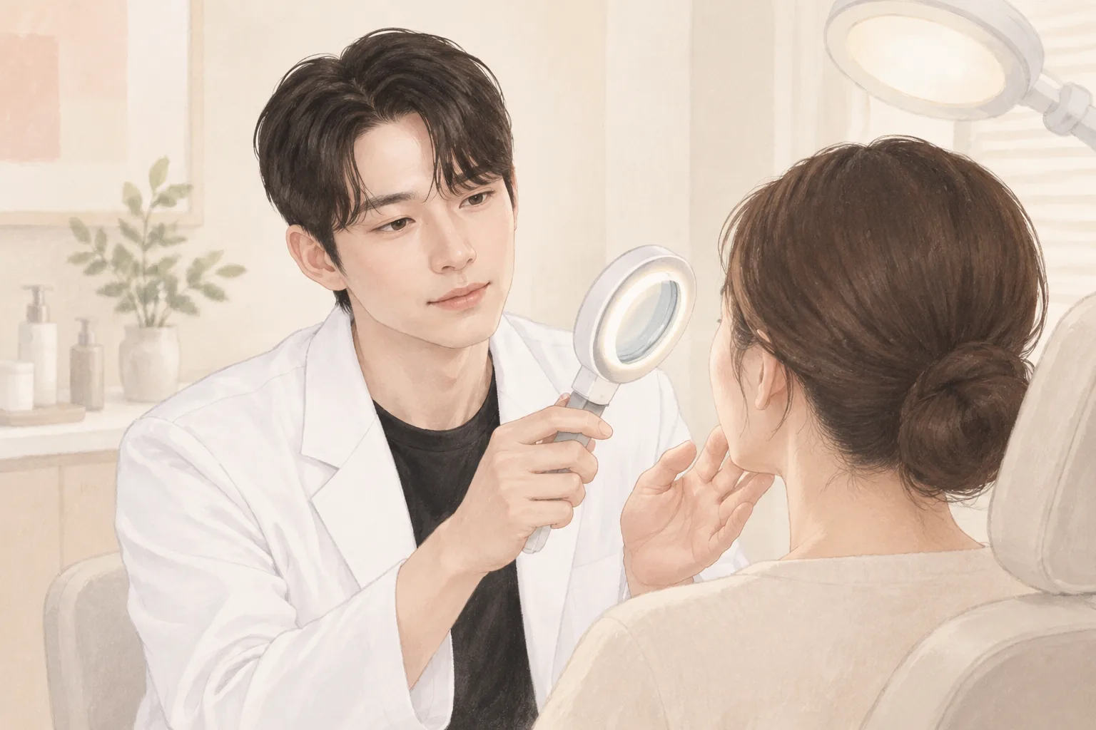 확대경으로 여성 환자의 볼을 살피는 남성 의사