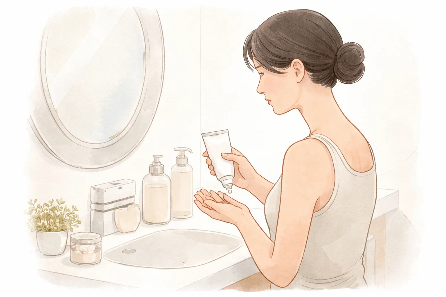 Woman at a sink applying cream to her face with her fingertips