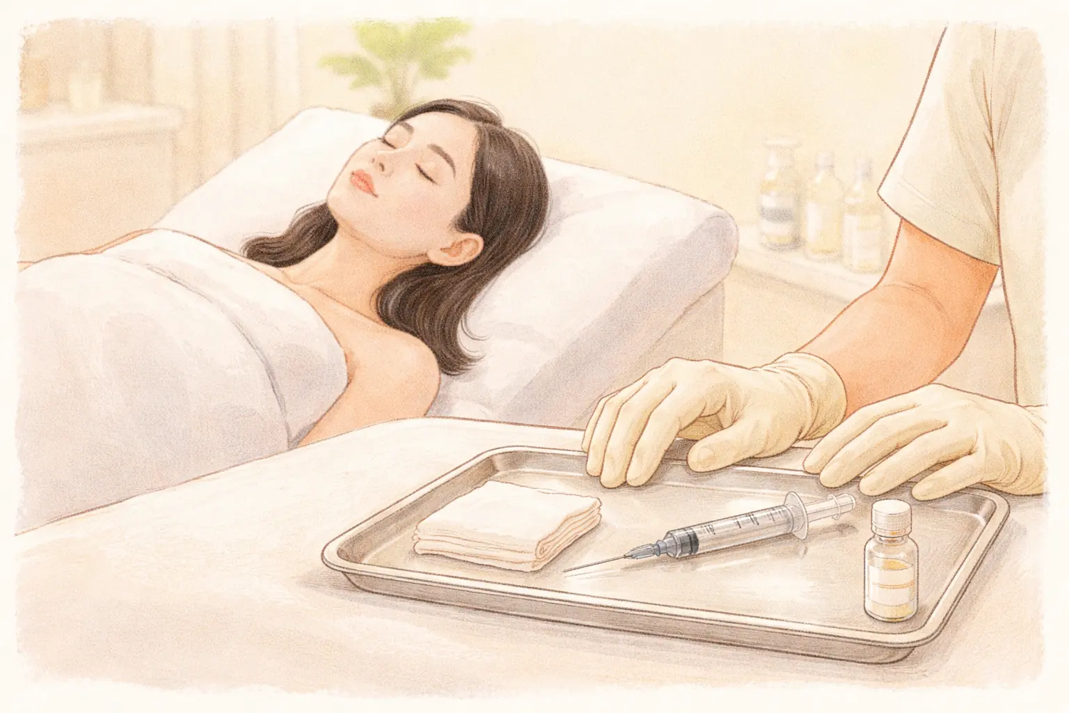 ベッドに横たわる女性と、注射器と薬瓶のあるトレーを準備する手袋の手