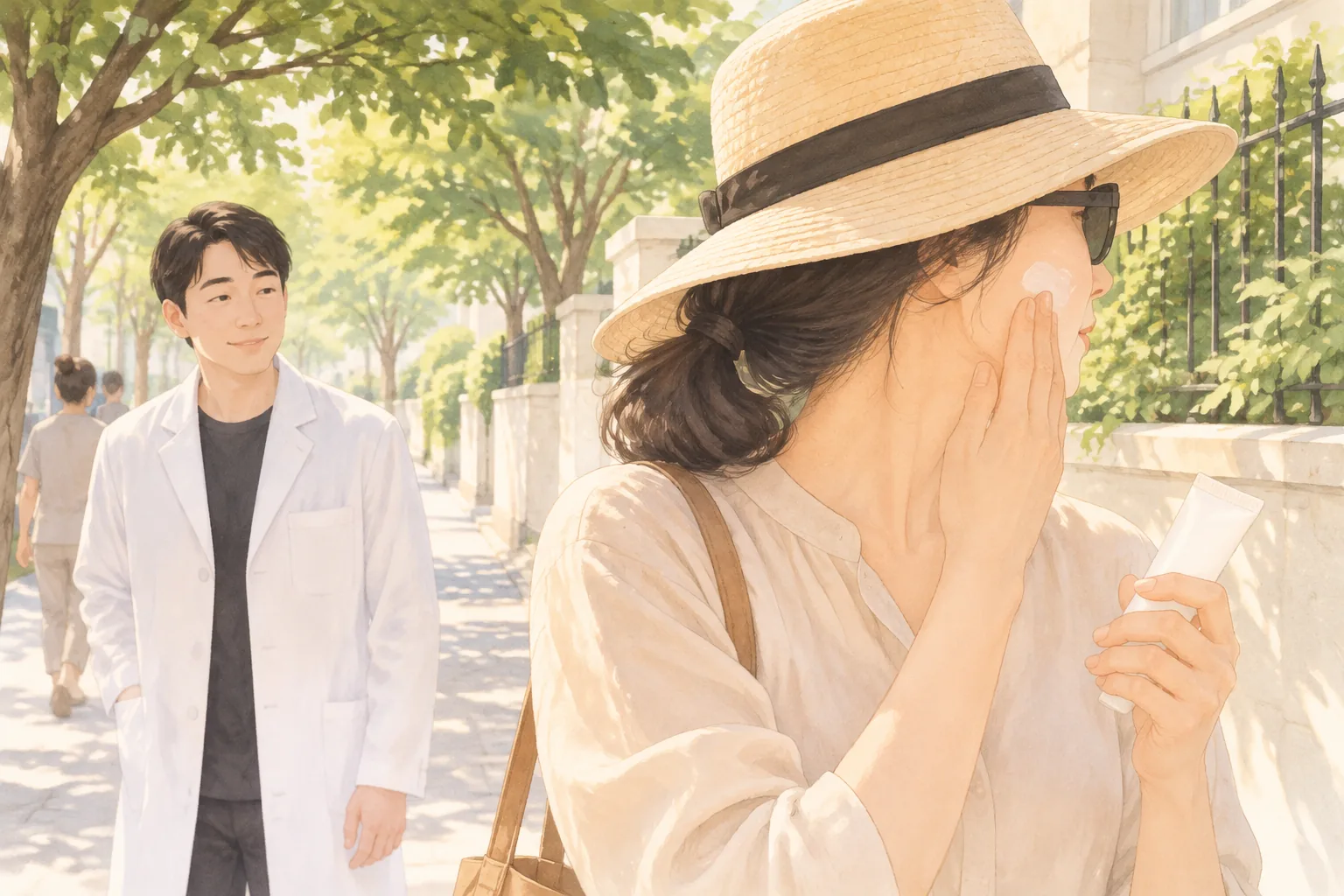つばの広い帽子とサングラスの女性が頬に日焼け止めを塗り、横に白いガウンの男性がいる