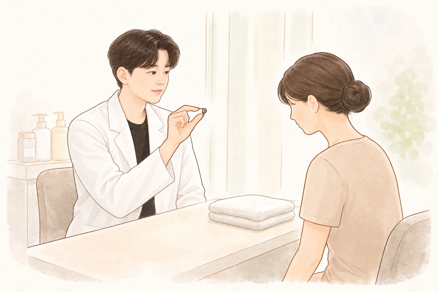 A doctor points between the fingers while explaining, and a female patient listens