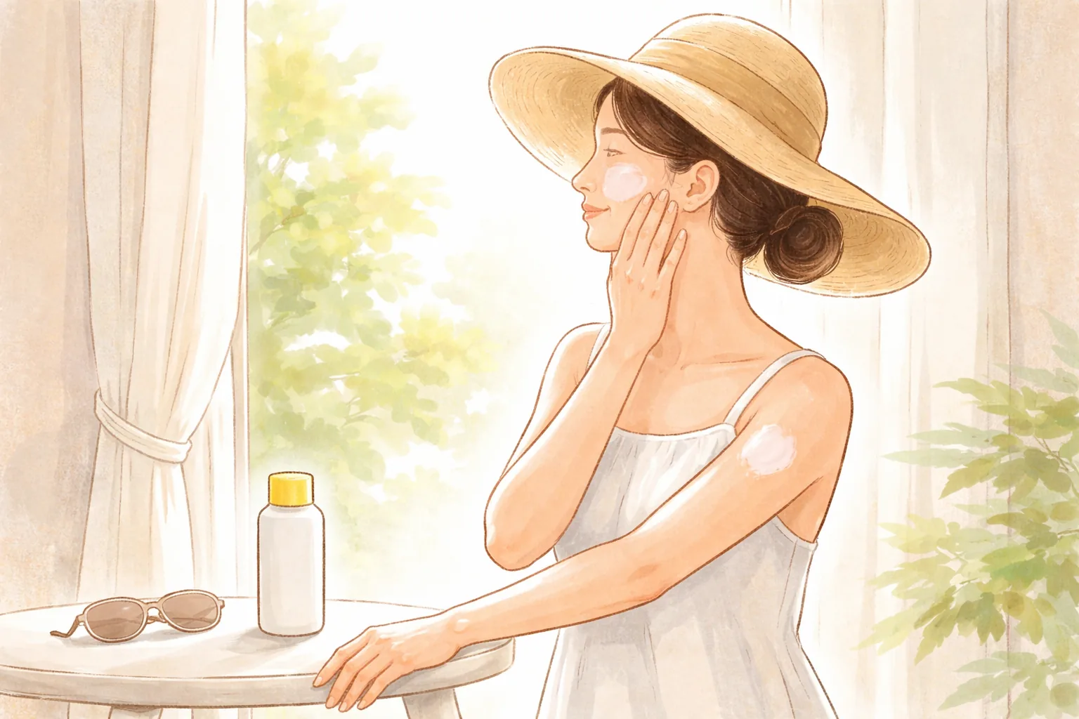 つばの広い帽子をかぶった女性が白いノースリーブを着て腕と頬に日焼け止めを塗る様子