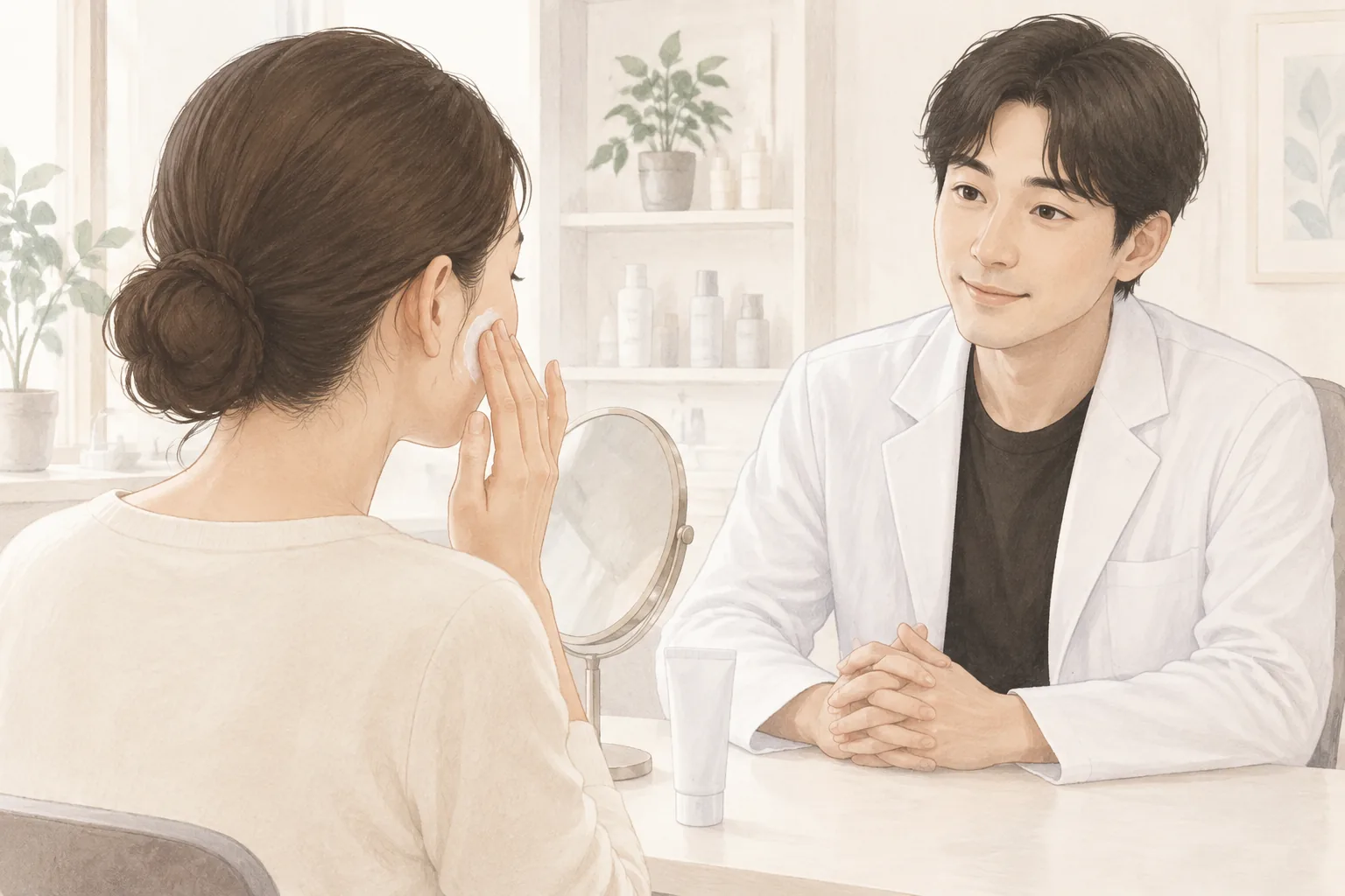 頬に保湿剤を塗る女性と白い白衣で向かい合う男性