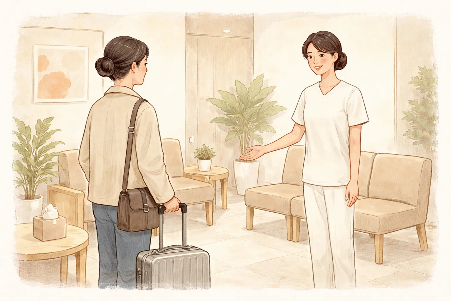 Woman with a rolling suitcase talking with a clinician in a clinic waiting area