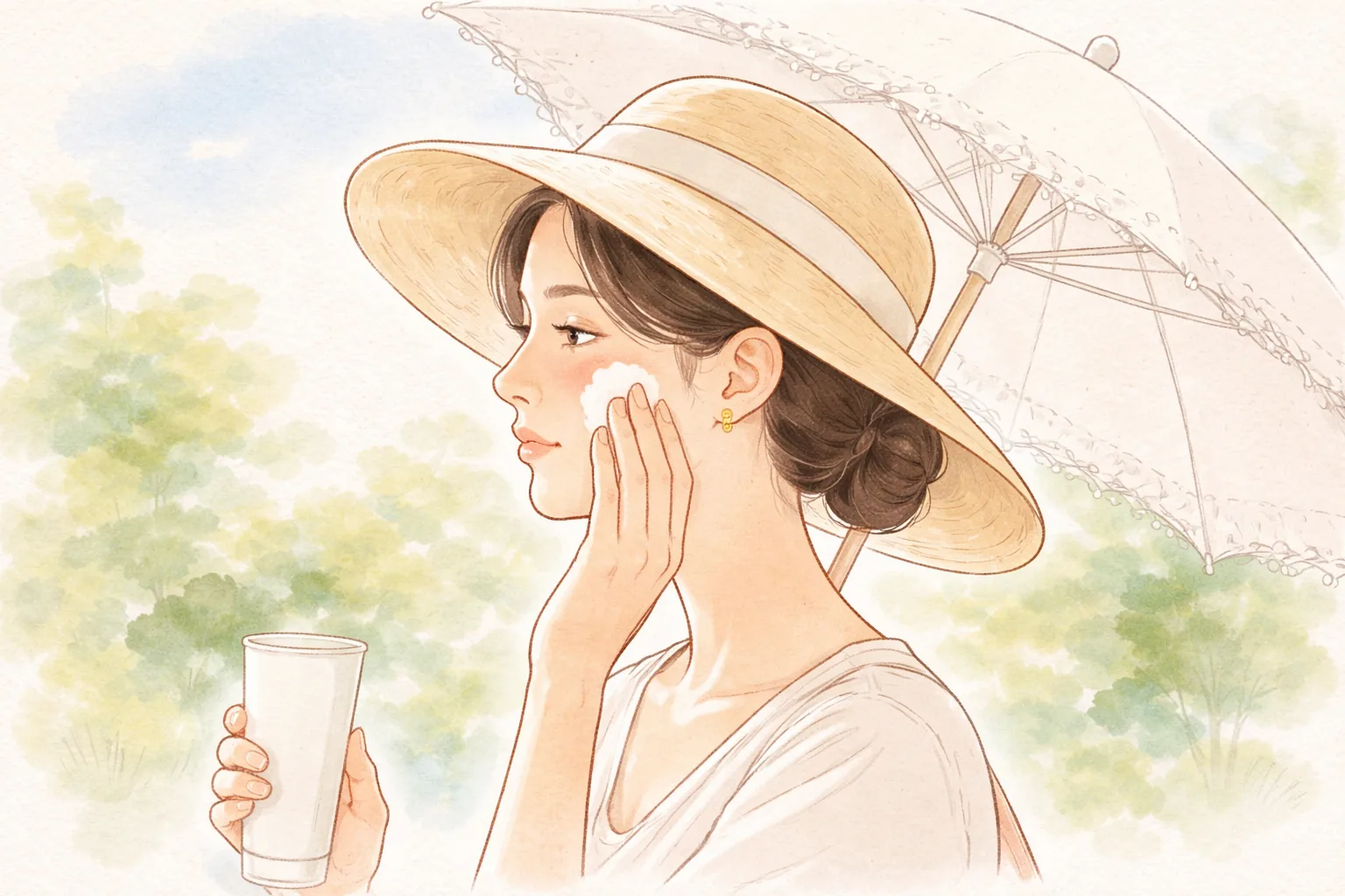 つばの広い帽子と日傘を持ち頬にクリームを塗る女性