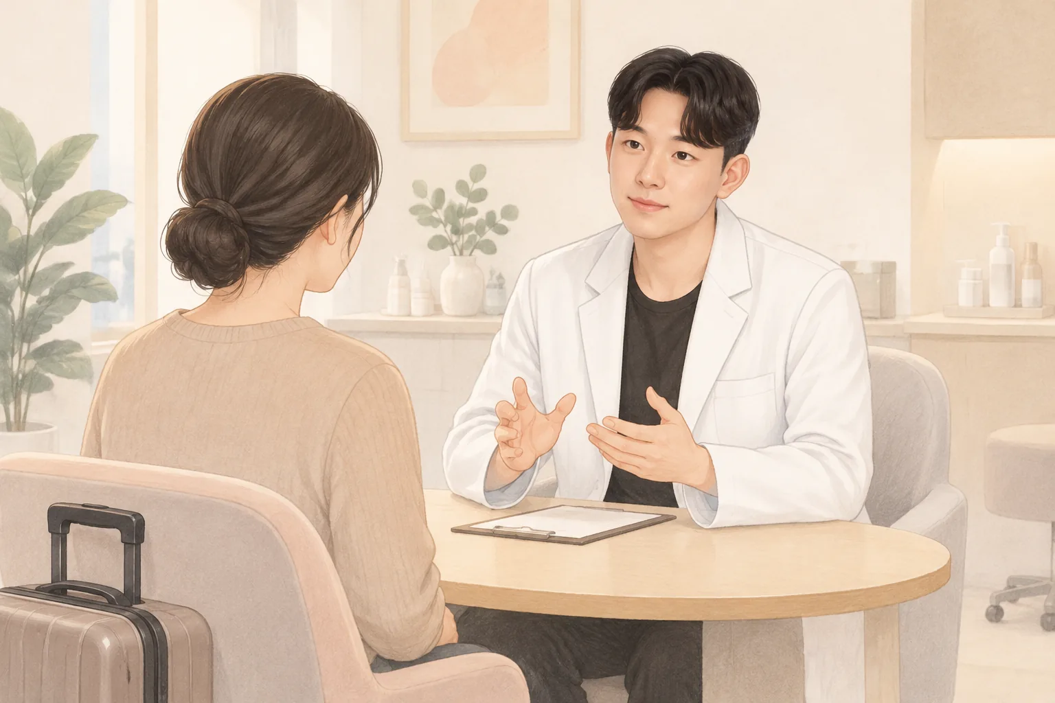 病人坐在小行李箱旁與院長對談，桌上有文件