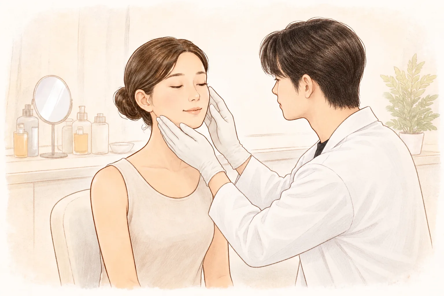 장갑 낀 의료진이 환자의 볼을 부드럽게 만지는 모습