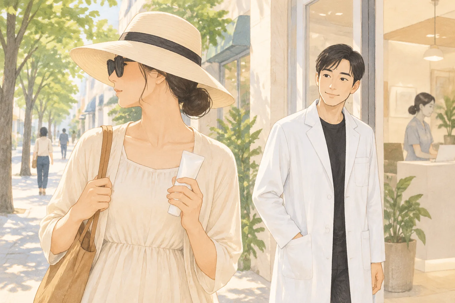 戴帽子和太陽眼鏡的女性與穿著白袍的男性走在街上
