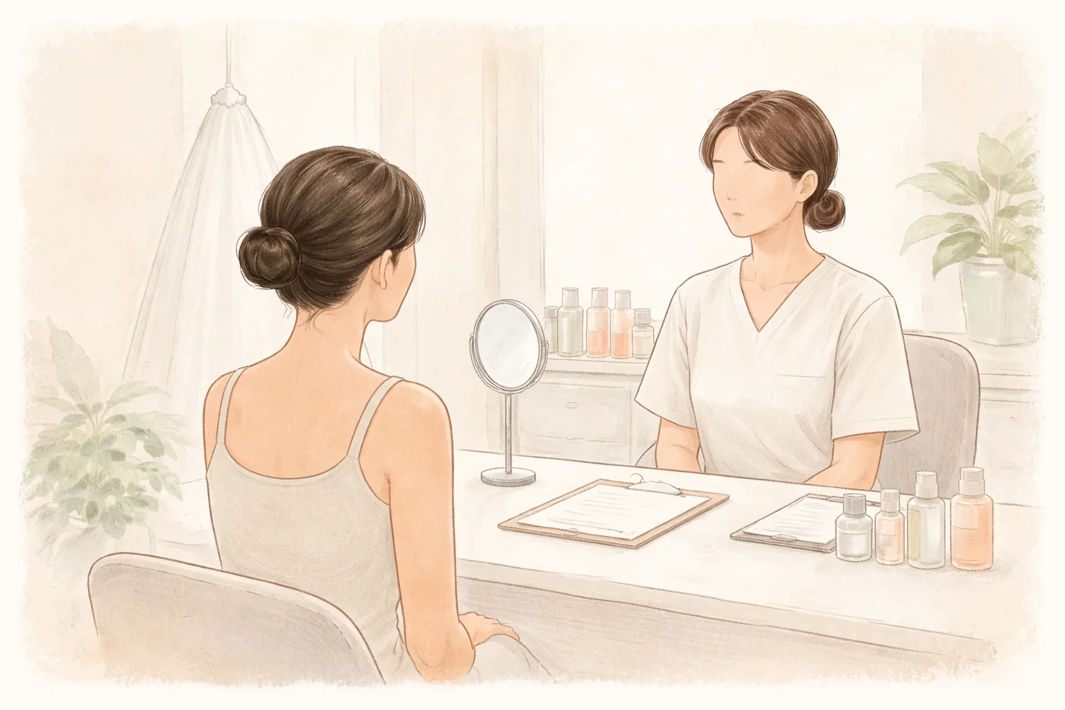 Woman and clinician talking face to face in a consultation room, with a small mirror and several bottles on the table