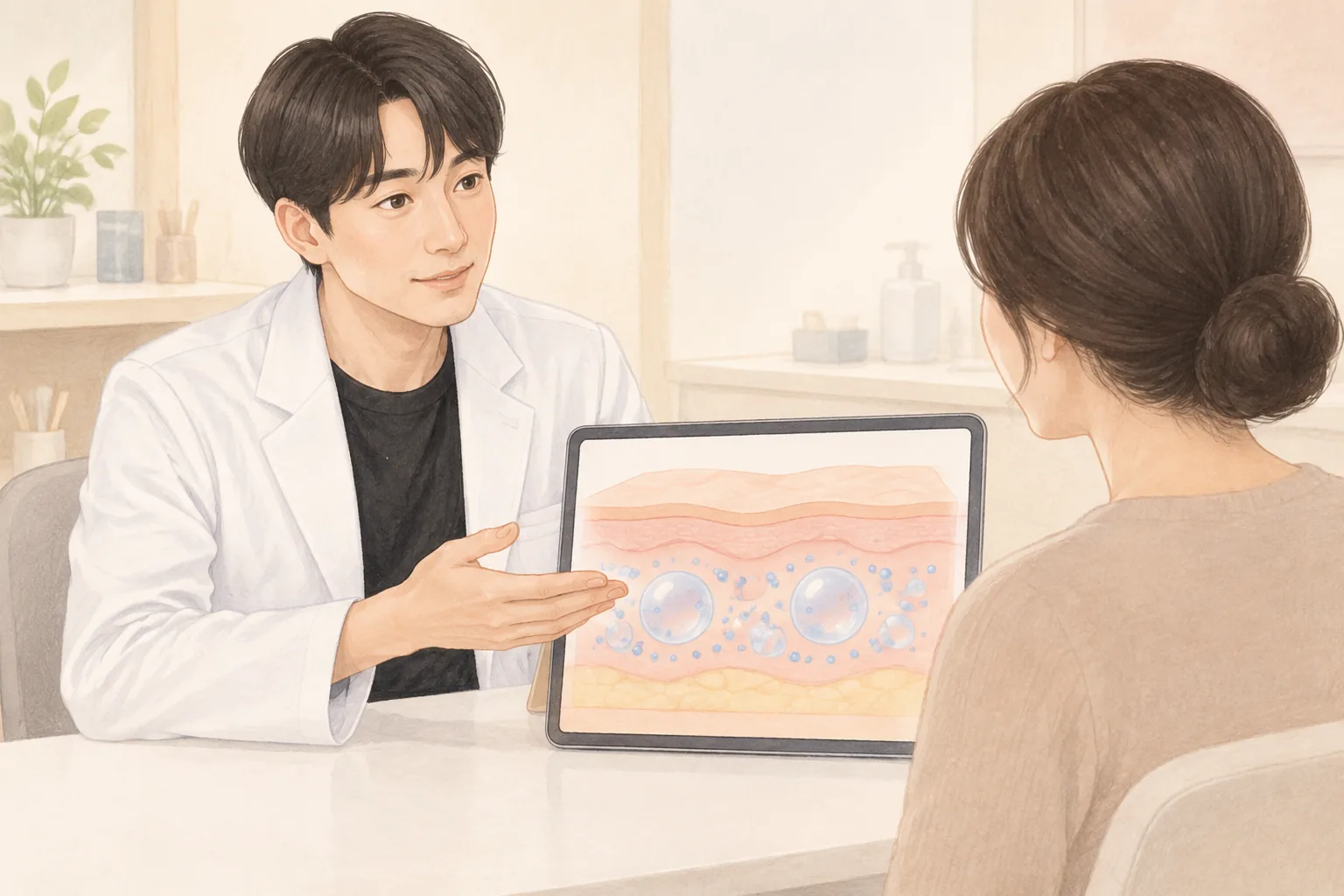진료복을 입은 남성이 피부 단면 그림이 있는 태블릿을 보여주며 여성과 대화하는 모습