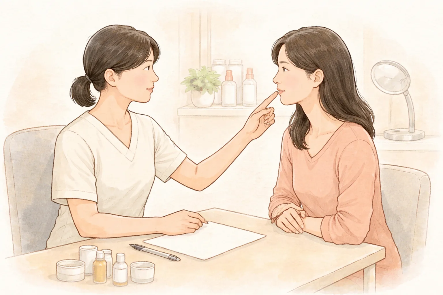 男性が女性の頬を確認しながら相談し、机の上に化粧品とペンと紙がある