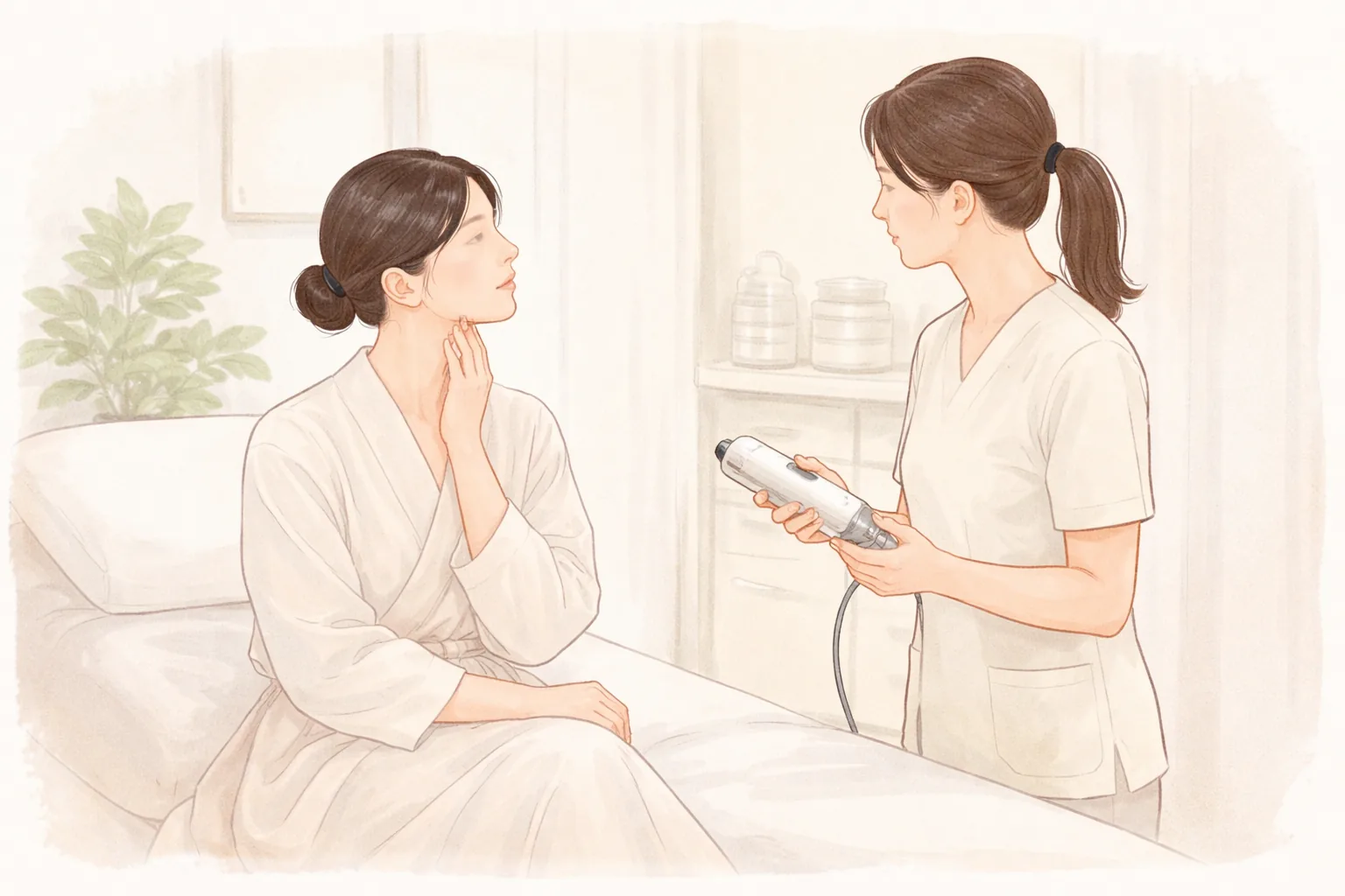 穿著患者服的女性坐在療程床上摸著下顎線，與醫療人員交談