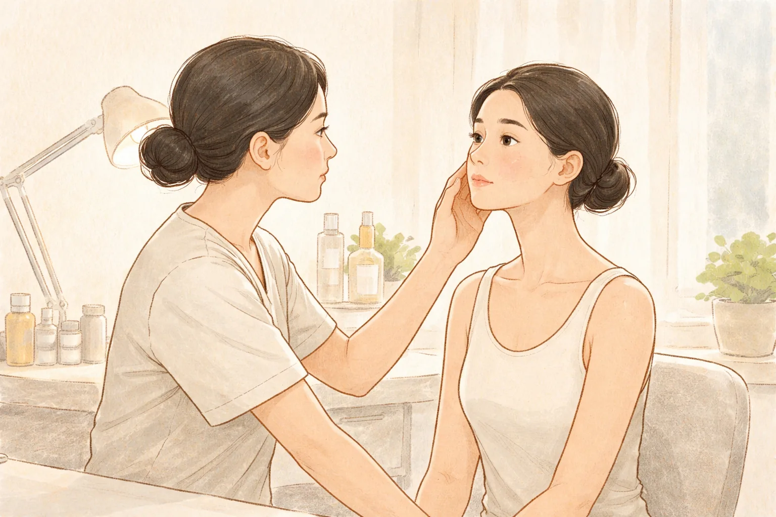 扎着头发的医疗人员查看坐着的女性面颊