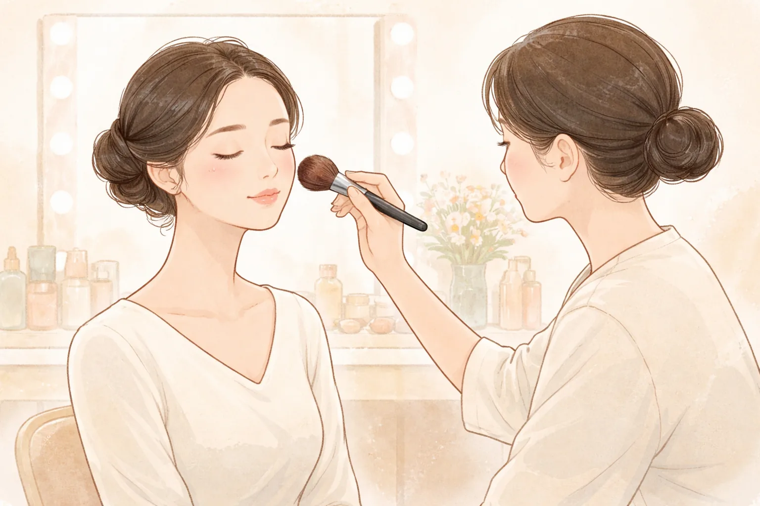 パウダールームで女性がメイクブラシで別の女性の顔に化粧をする様子