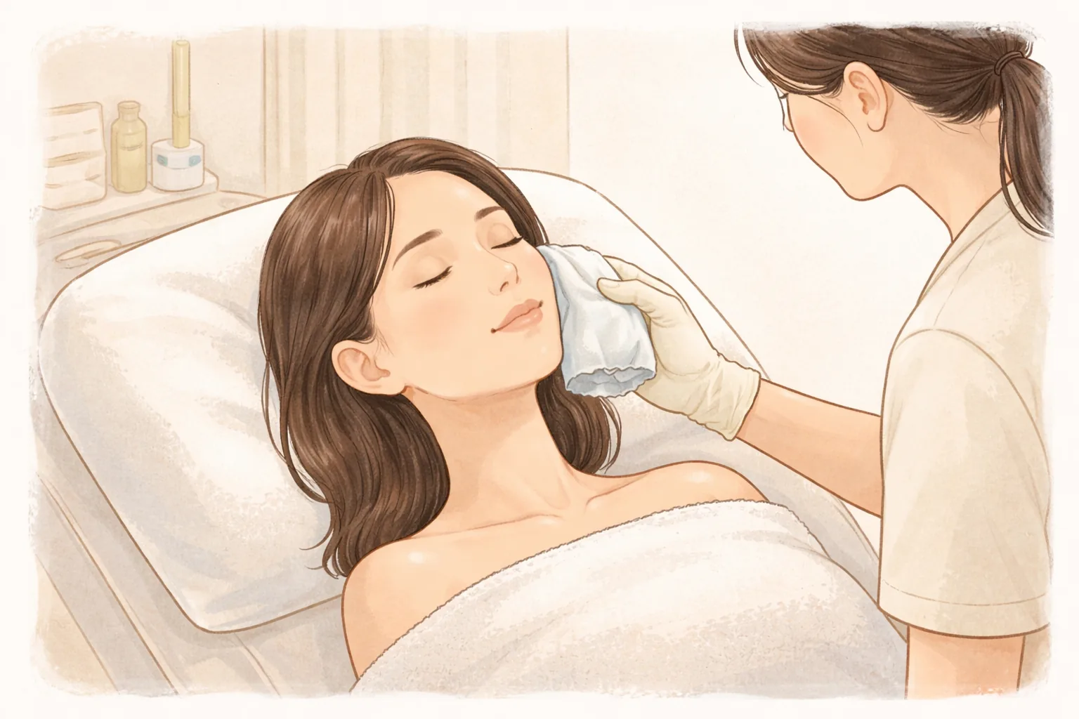 ベッドに横たわる女性の頬に、布で包んだ冷却パックを手袋をした手で当てる様子