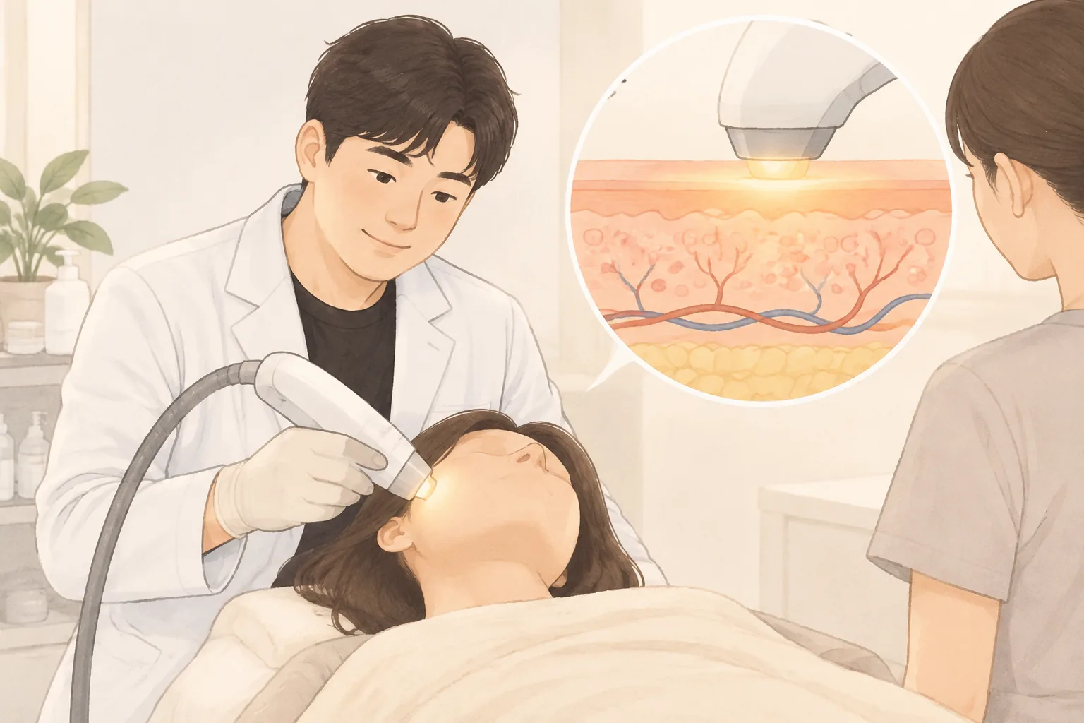 의사가 얼굴에 장비를 대고 시술하는 모습과 피부 단면 확대 이미지가 보임