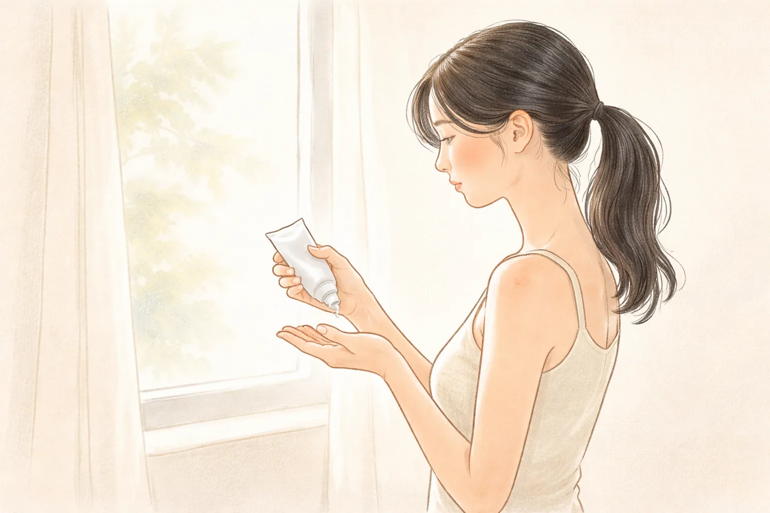 창가에서 손에 자외선 차단제를 짜고 있는 머리 묶은 여성