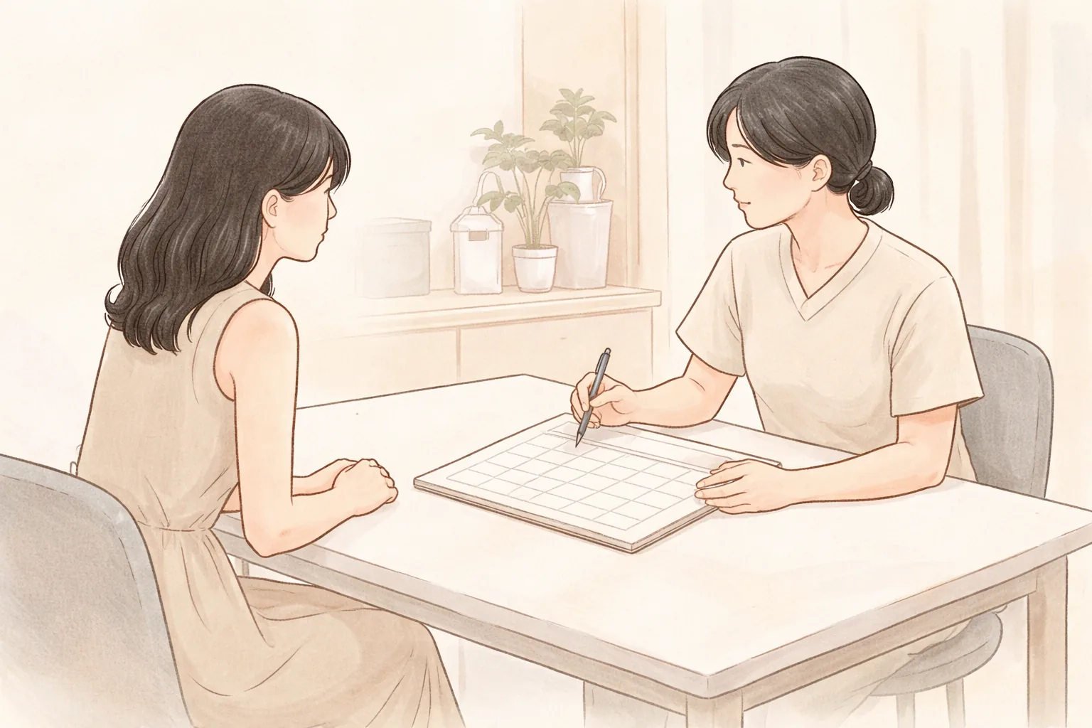 Doctor and two women seated facing each other at a table talking over a calendar