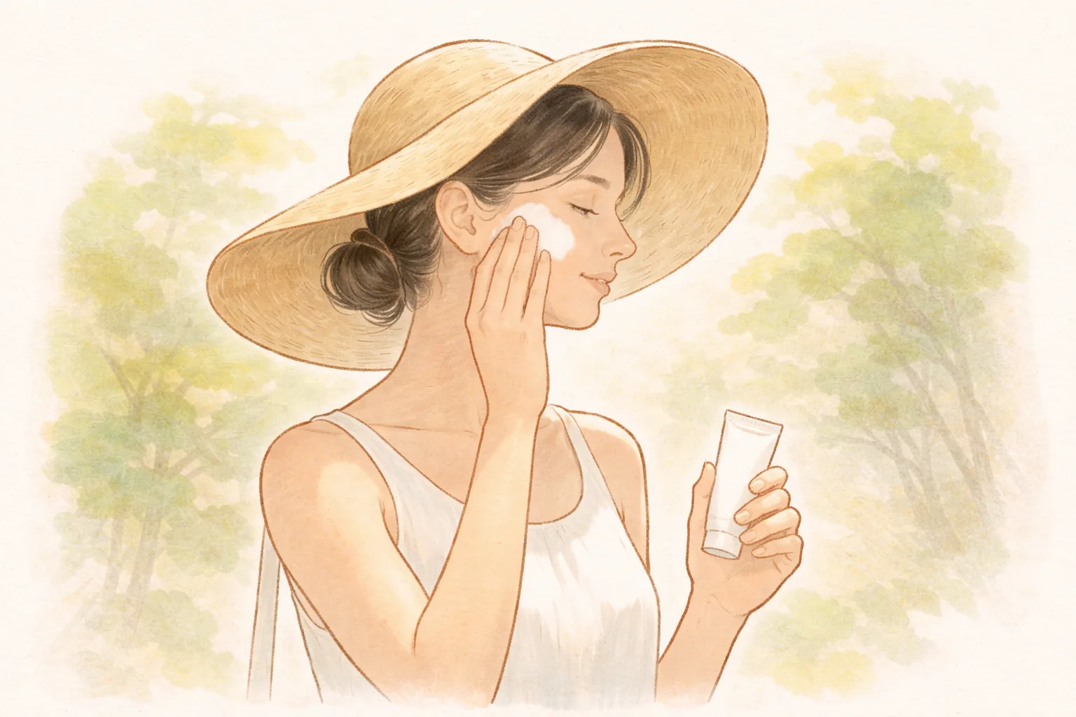 Mujer con sombrero bajo el sol aplicándose crema en la mejilla