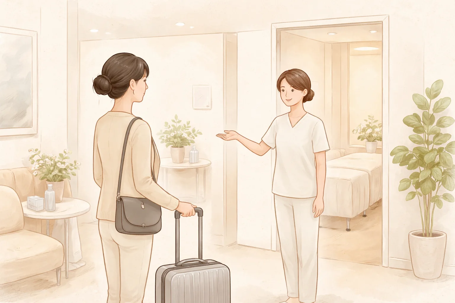 女性拉著小型行李箱望向診間,護理人員用手指示引導