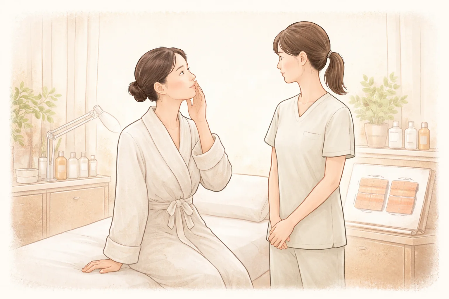 진료실 침상에 앉아 볼에 손을 얹은 여성과 옆에 서 있는 의료진