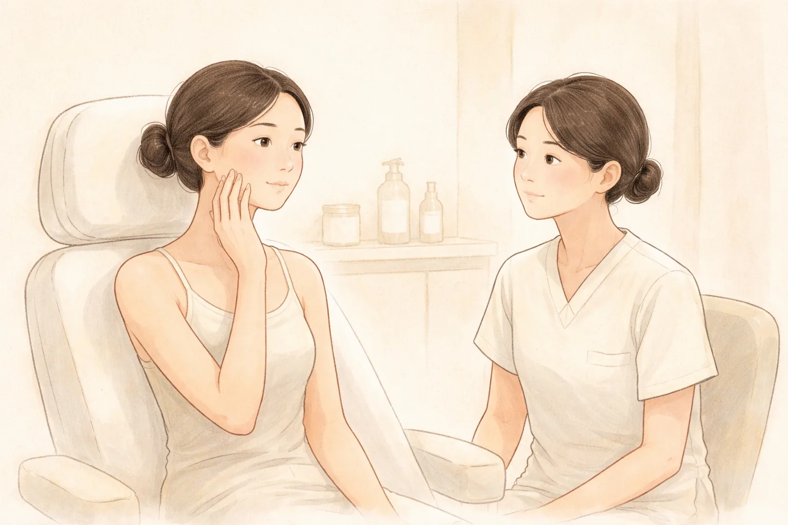 坐在椅子上用手触摸脸颊的女性与一旁观察的医护人员