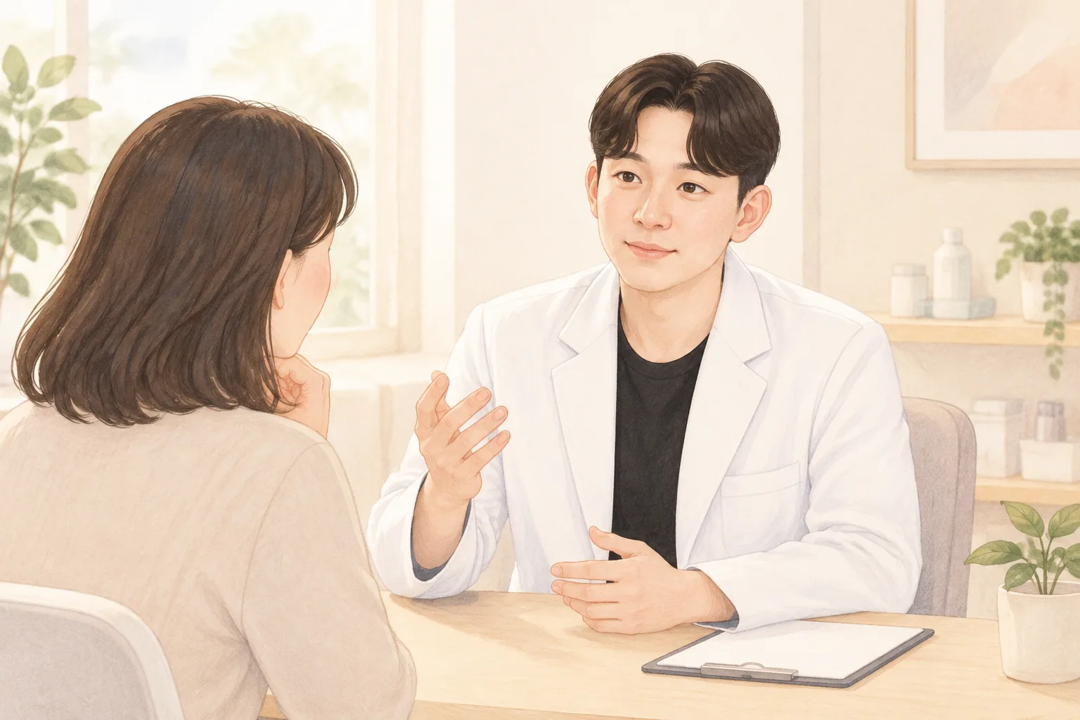 상담실에서 여성 환자에게 설명하는 남성 의사와 환자