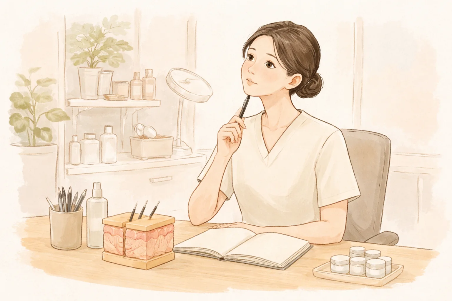 Woman sitting beside a skin cross-section model with an open blank notebook on the desk