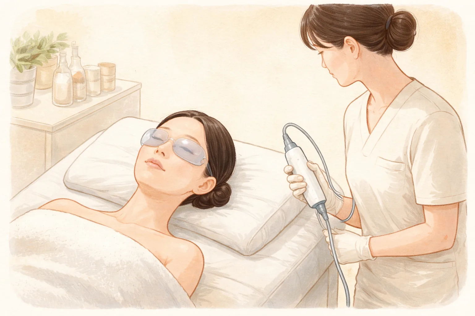 Woman lying on a bed with clear plastic shields over her eyes while a clinician holds a device