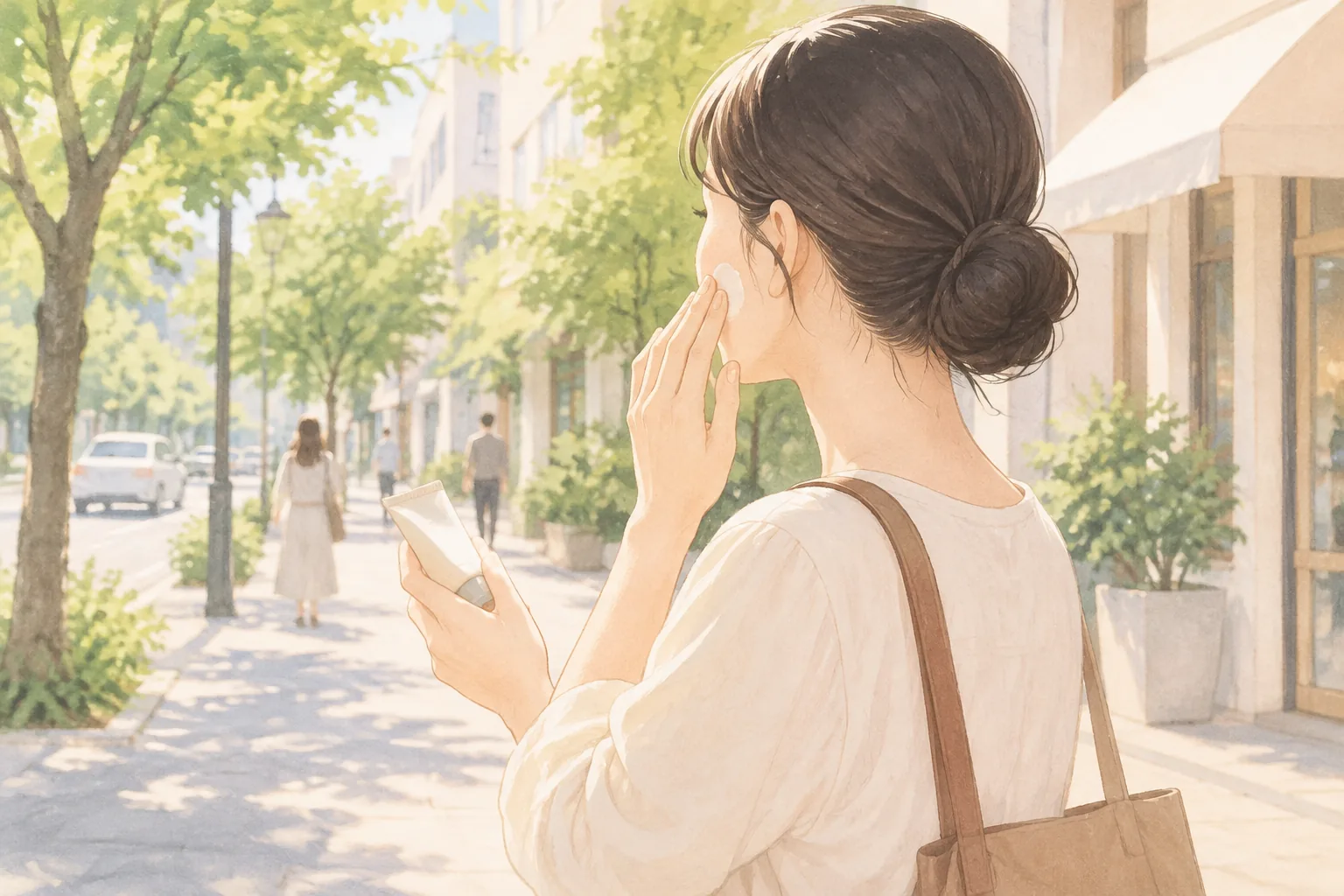 밝은 거리에서 화장품을 들고 볼에 바르는 여성