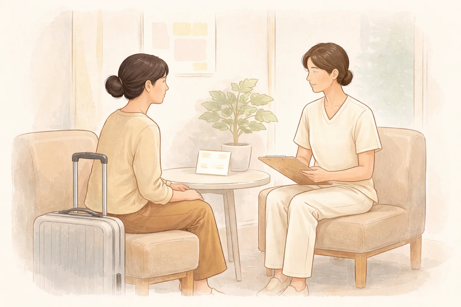 キャリーケースのそばに座る女性と医療スタッフが相談する場面