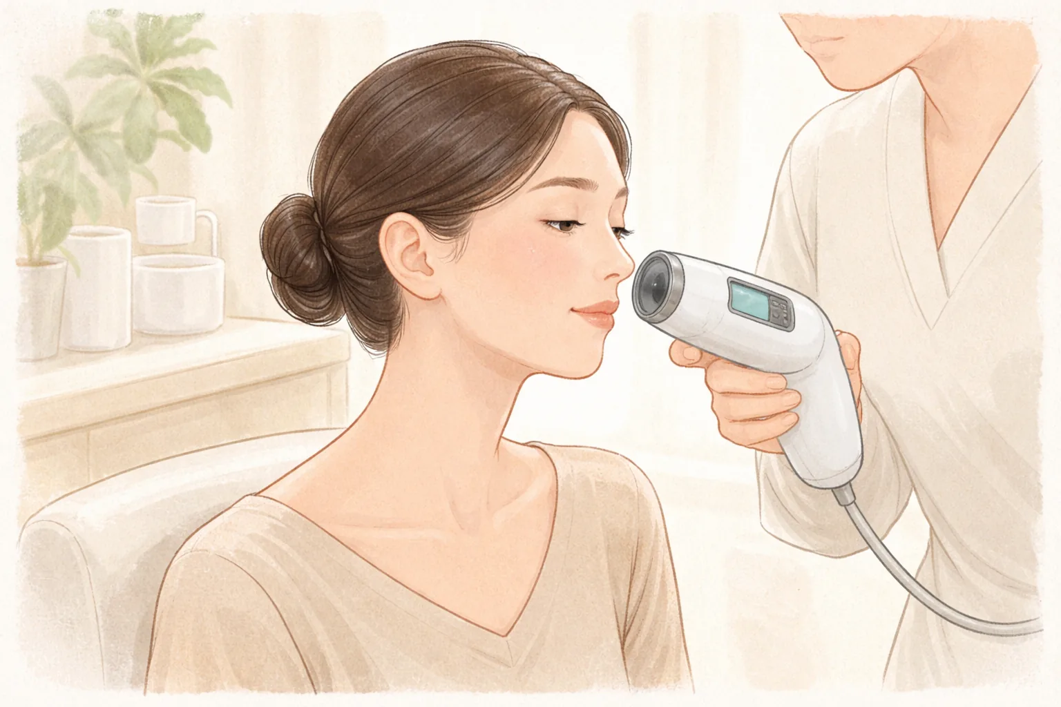 Clinician photographing a woman's cheek with a skin analysis device