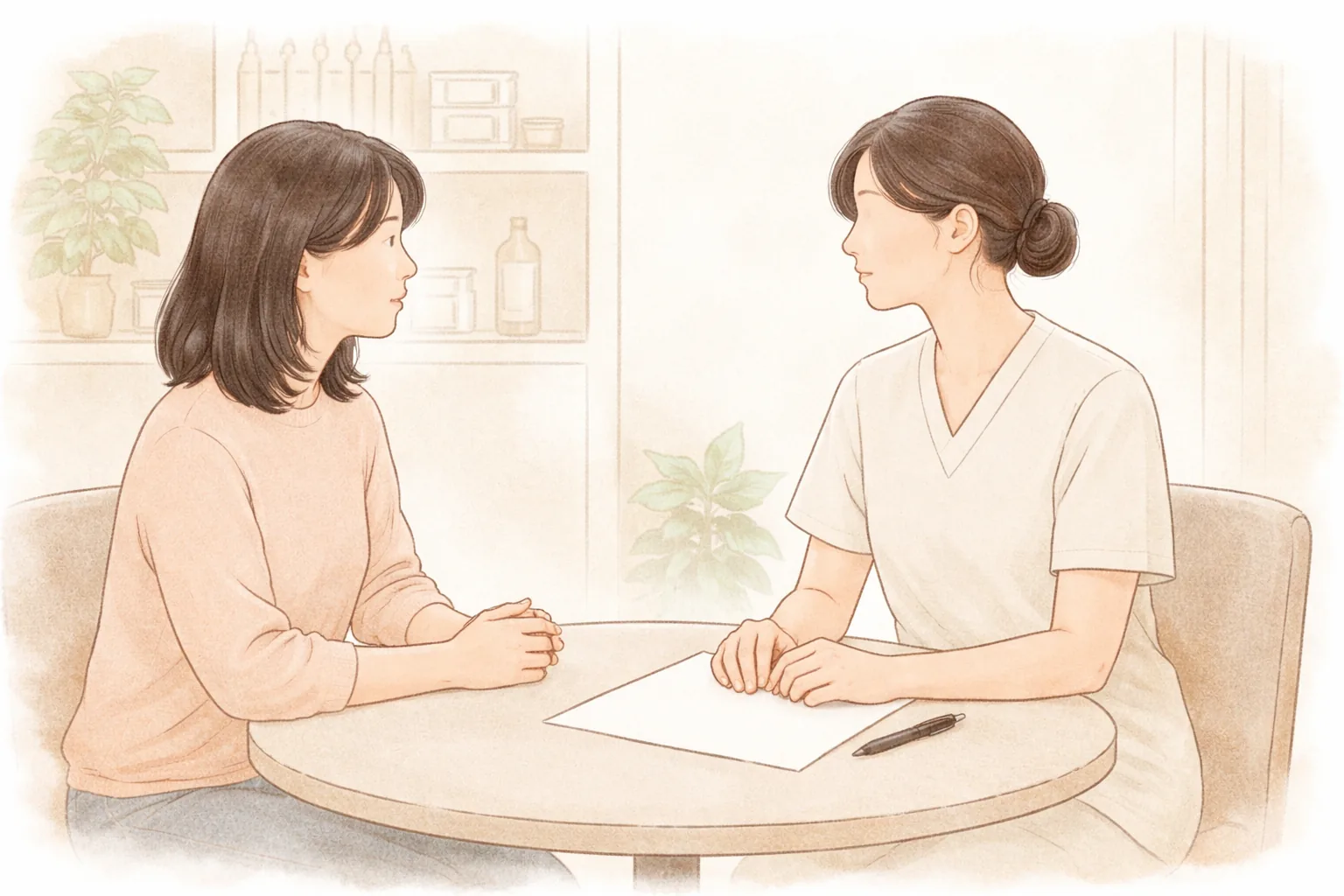 兩名女性在診間隔著圓桌面對面交談