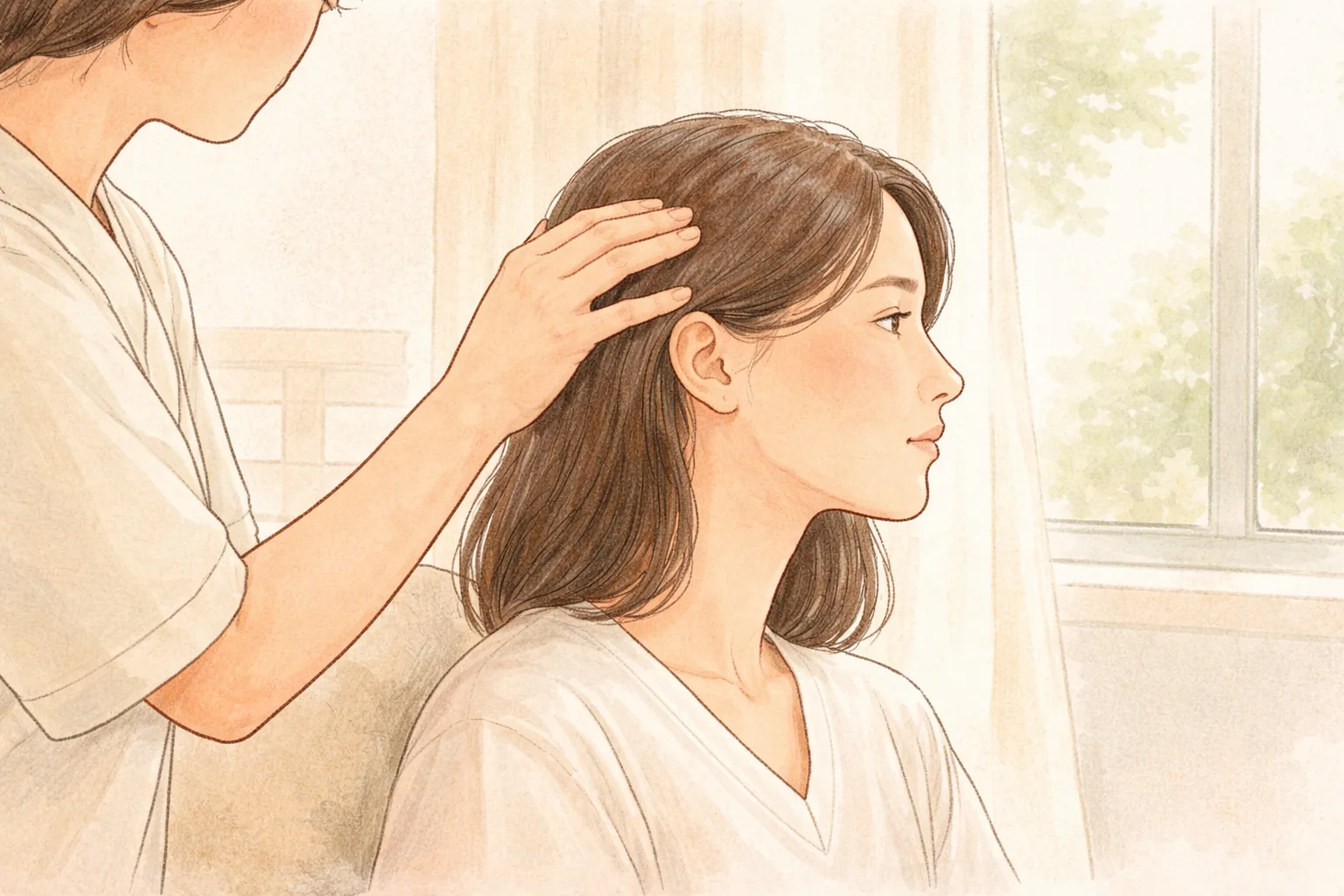한 명의 의료진이 여성의 관자놀이에 손끝을 대고 있고 여성은 턱에 힘을 주고 옆을 바라보고 있음