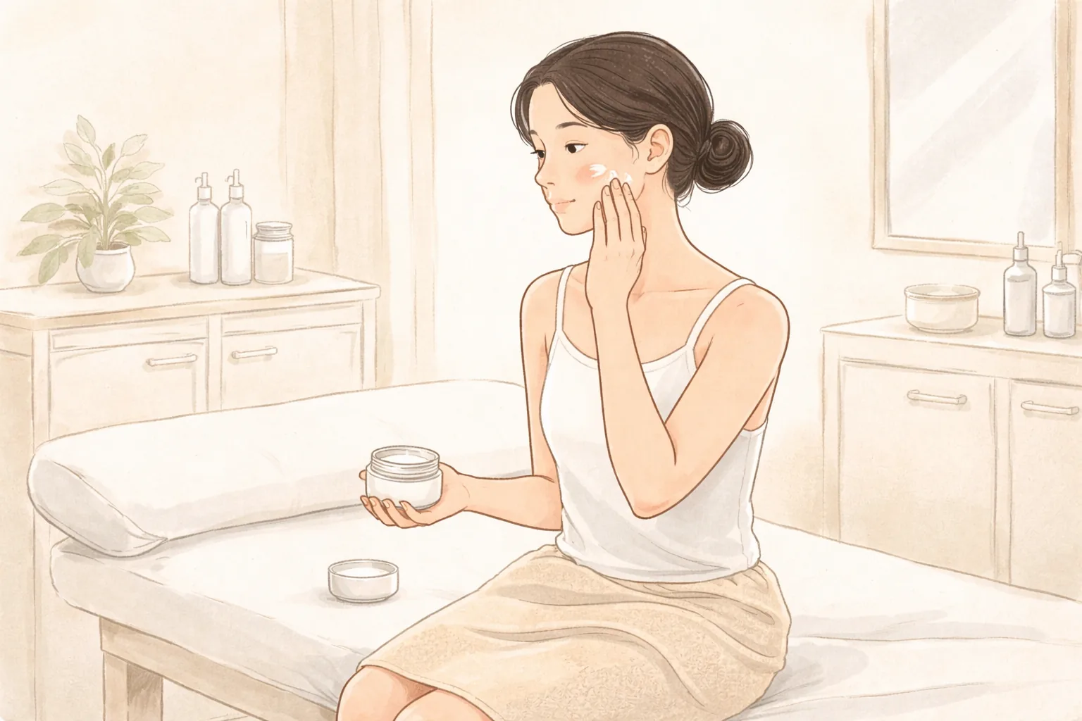 ベッドに座って頬に保湿剤を塗る女性